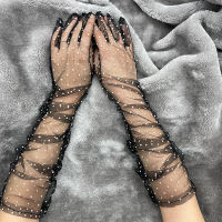 0duw Dot Wedding Long Mesh Gloves Tulle Stretch Lace Bride Ball Gown Female Black