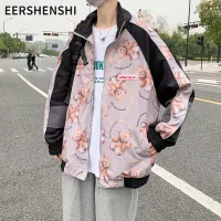 EERSHENSHI เสื้อคาร์ดิแกนผู้ชายมีซิปเสื้อแจ็คเก็ตนักเรียนคอตั้งพิมพ์ลายการ์ตูนแจ็คเก็ตน้ำหนักเบาอินเทรนด์