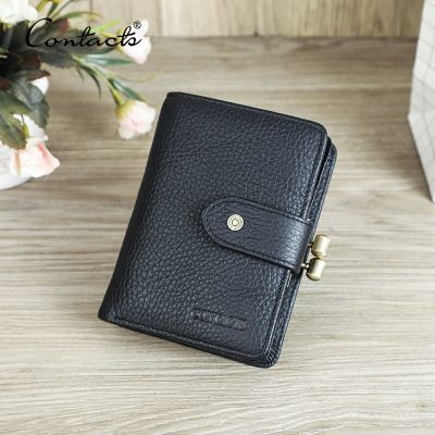 CONTACTS Kiss Lock Wallets for Women RFID Genuine Leather Metal Frame Card Holders Coin Purses Luxury Designer Female Handbags