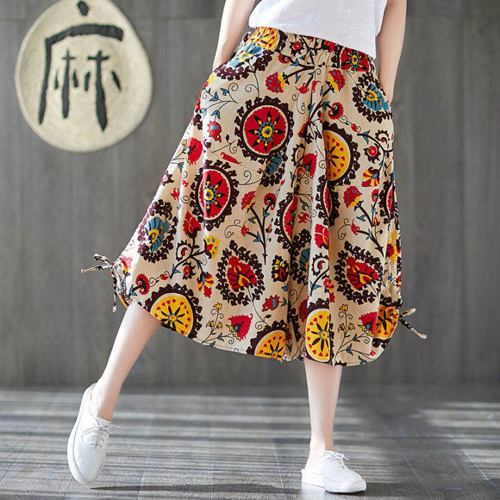 2022spring-summer-womens-wear-new-cotton-and-linen-ethnic-style-plus-size-bloomers-wide-leg-elastic-waist-capri-pants