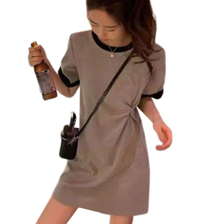 ผู้หญิงฤดูร้อนแขนสั้นคอกลมมินิเสื้อยืดชุดคมชัดสีตัดด้าน-ruched-บิดที่ผูกปม-a-line-streetwear