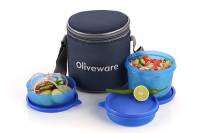 Oliveware - ชุดกล่องข้าวโพลิโพรพิลีน สีฟ้า - กระเป๋า 3 ใบ | ไม่ได้ใช้งานสำหรับใช้ในสำนักงาน | ไมโครเวฟปลอดภัยกันรั่ว |