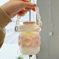 400ML Cute Girl Transparent Glass Heat Resistant Water Bottle With Pearl Bracelet Portable Double Drinking Coffee Mug Straw Cups