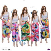 J18745 Set #สาวอวบ 2 ชิ้น เสื้อสายเดี่ยวคอเหลี่ยม + กางเกงขายาวพิมพ์ Set #Chubby girl Tank top, square neck + printed pants