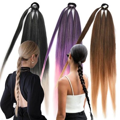 Ponytail Extensions Synthetic Boxing Braids 26 Inch Brown Wrap Around Chignon Tail With Rubber Band Hair Ring Ombre Braid Hair