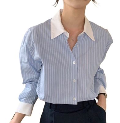 เสื้อแขนยาวเสื้อลำลองหลวมลายทางสีน้ำเงินและสีขาวเกาหลี