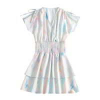 ZZOOI KPYTOMOA Women 2020 Chic Fashion Tie-dye Print Pleated Mini Dress Vintage Lace-up Sleeves Elastic Waist Female Dresses Vestidos