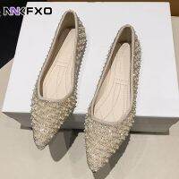 【QZY Department Store】มุกราชินีสีขาวสีเขียว Rhinestone แฟลตรองเท้าแต่งงานชี้นิ้วเท้าผู้หญิงขนาดบวกเจ้าสาว Vc3513สบายๆ