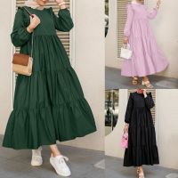 2022 Muslim New Ruffled Sleeves Pleated Hem Solid Color Round Neck Long Womens Large Swing Dress