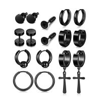 Rinhoo 1PC Punk Black Multiple Stainless Stud Earrings Men Women Gothic Cross Round Street Pop Hip Hop Ear Stud Piercing Jewelry