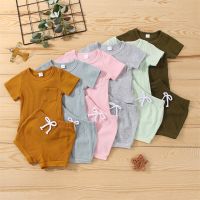 2022 Summer New Infant Baby Girls Boys Outfits Clothing Set Ribbed Knit Short Sleeve T-shirt+Shorts Solid Kid Cotton Clothes Set  by Hs2023