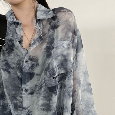 [Spot] tie-dyed chiffon shirt womens design ink painting loose outer long-sleeves shirt thin coat 2023
