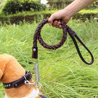 （PAPI PET）ปลอกคอสุนัขเชือกลากแปด Strand Cowhide ฤดูใบไม้ผลิ Big Dog Leash Anti Rushing Guide Pet Supplies อุปกรณ์เสริม French Bulldog