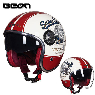 BEON Vintage Motorcycle Helmet 3/4 Helmet Double Lens Sun Blocker Open Face Helmet