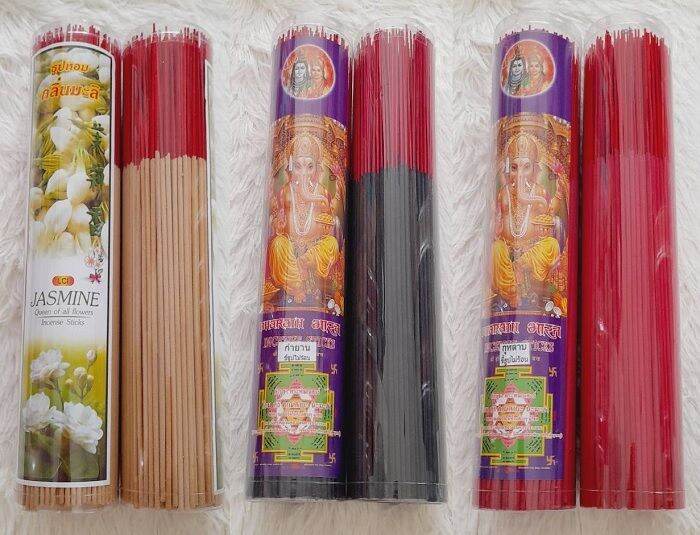 ธูป-jasmine-กลิ่นมะลิ-ธูปพระพิฆเนศสีดำ-กลิ่นกำยาน-สีแดง-กลิ่นกุหลาบ-ยาว-13-นิ้ว-หนักประมาณ-500-กรัม-ราคา-99-บาท