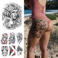 temporary tattoo leg thigh sexy body art beauty for women girls water transfer tattoo fake animal lion tiger forest queen sketch Stickers