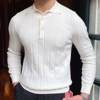 【YD】 Mens Knitted Sweater Striped Polo Shirt Men Mode Homme 2022 Lapel T-shirt Elastic Business