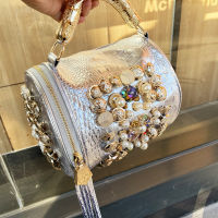 【cw】2021 Autumn and Winter New Cross-Border Womens Bag round Bag Handmade Rhinestone Bag Classic All-Match Shoulder Messenger Bag Pillow Bag