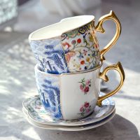 European Gold Painting Retro Luxury Cup and Saucer Personality Funny Coffee Set Afternoon White Ceramic Tea Cup Tiki