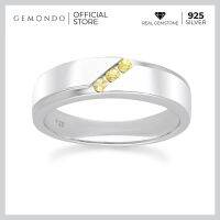 Gemondo แหวนเงินแท้ 925 Sterling Silver ชุบโรเดียม ประดับบุษราคัม (Yellow Sapphire) เรียง 3 เม็ด ทรงปลอกมีดขอบพ่นทราย