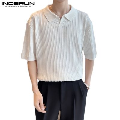 ❈◇∏ Incerun เสื้อโปโล แขนสั้น ผ้าถัก ลายทาง สีพื้น