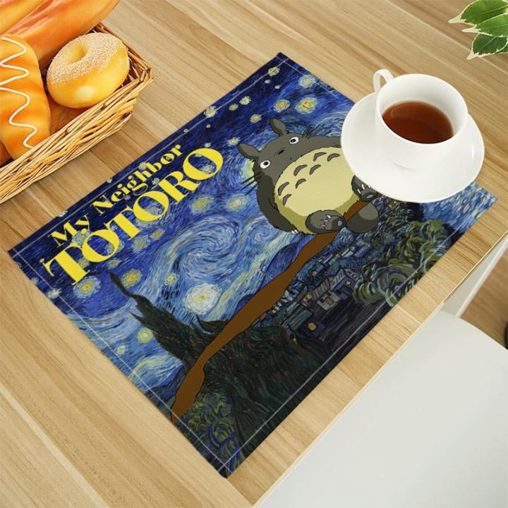 totoro-เสื่อโต๊ะทานอาหารผ้าลินินพิมพ์ลายแผ่นรองในครัวตัวอักษร30x40cm-จานรองแก้วแผ่นรองแก้วชาม