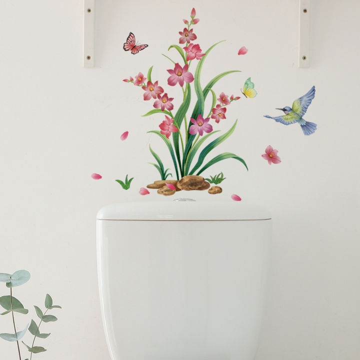 รูปลอกติดสติ๊กเกอร์ติดผนังกันน้ำรูปนกดอกไม้ใบไม้ต้นไม้สีเขียวติดด้วยตนเองสำหรับตกแต่งโถส้วมห้องน้ำ