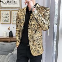 ZZOOI YASUGUOJI Men Golden Floral Suit Jackets Fancy Show Costume Party Coats Men Wedding Party Blazer Gentleman Dance Formal Suit