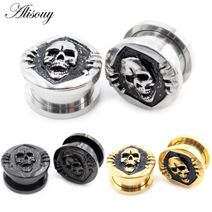 Alisouy 1PC 816mm Stainless Steel Skull Face Thread Ear Tunnels Plugs