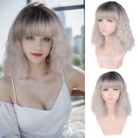 Synthetic medium long curly wig with bangs black and grey cosplay party Party female heat resistant wig Wig  Hair Extensions Pads