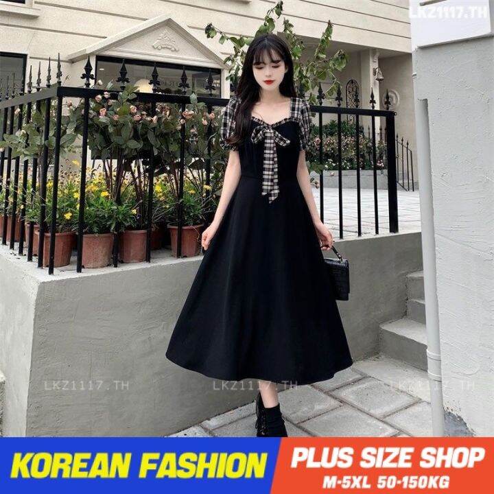 plus-size-เสื้อผ้าสาวอวบ-เดรสสาวอวบอ้วน-ไซส์ใหญ่-ผู้หญิง-ชุดออกงาน-ยาว-แขนสั้น-คอเหลี่ยม-ฤดูร้อน-สไตล์เกาหลีแฟชั่น-v728