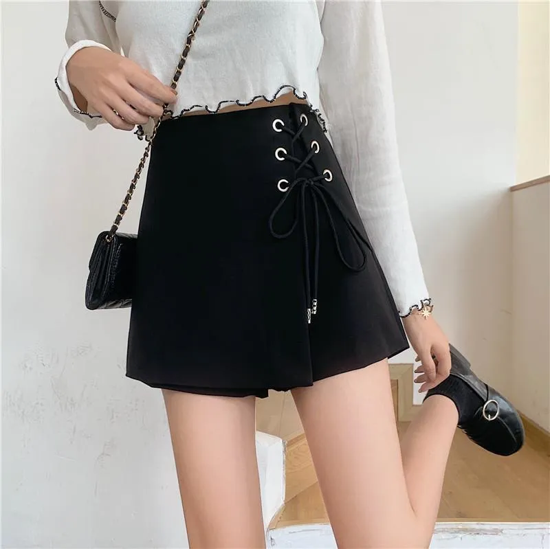 Netizen Irregular Design Sense Lacing High Waist Casual Shorts for Women's  Spring and Autumn New Korean Loose Wide Leg Trousers and Skirts