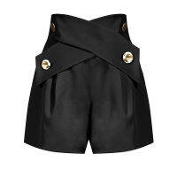 CHICEVER Black Shorts Female High Waist Patchwork Cross Lace Up Loose Straight Ruched Large Size Short Pant Female 2020 Clothing