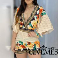 GIVEME-Women Summer Rompers Ethnic Style Print V-Neck Short Sleeve Backless Tied Short Jumpsuit 6 Colors