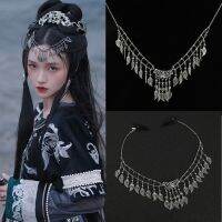 Original handmade exotic ethnic style leaf tassel forehead ornament retro Tibetan silver forehead chain eyebrow pendant ancient style headdress for women