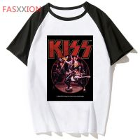 เสื้อยืดสีขาวสไตล์ญี่ปุ่นสำหรับผู้ชาย,เสื้อยืดลาย Kiss Band เสื้อยืดสไตล์ฮาราจูกุ