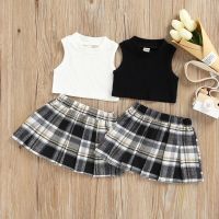 Toddler Girl Outfits Ribbed Sleeveless Tank Tops + Elastic Waist Contrast Color Plaid Pleated Skirt Girls Casual Set  by Hs2023