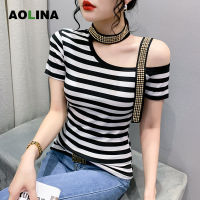 AOLINA เสื้อยืดสตรีแขนสั้นเปิดไหล่บางเฉียบดีไซน์แฟชั่นใหม่ฤดูร้อน2023เสื้อเชิ้ตตัวเล็ก