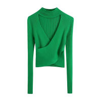 PSEEWE Za Woman  Green Sweater Women Cut Out Knit Top Pullover Turtleneck Sweaters Long Sleeve Knitted Cropped Sweater