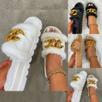 Women Summer Plush Slippers Fashion Open Toe Solid Color Women Sandals Metal Chain Outdoor Casual Women Shoes Plus Size