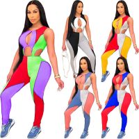 [COD] L5210 AliExpress cross-border supply European and fashion casual womens multi-color stitching hollow jumpsuit