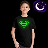 COD DSFGREYRTYRT Superman Logo Glow In Dark Luminous Boys T-shirt Summer Kids Superhero Clothes Fashion Shirts