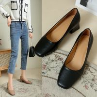 Womens High Heels Leather Square Toe Chunky Block Heels Pumps Ladies Commute to Work Black White Shoes