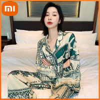 Xiaomi ออกแบบเสื้อผ้าผู้หญิงหรูหราซาตินชุดนอนฤดูร้อนกางเกงชุดเงินพิมพ์2ชิ้นชุดชุดนอนแขนยาวห้องสวมใส่