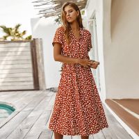 ZZOOI Fashion Polka Dot Print Dress Women High Waist Sashes A Line Summer Dress Short Sleeve Single-Breasted Bohemian Midi Dresses