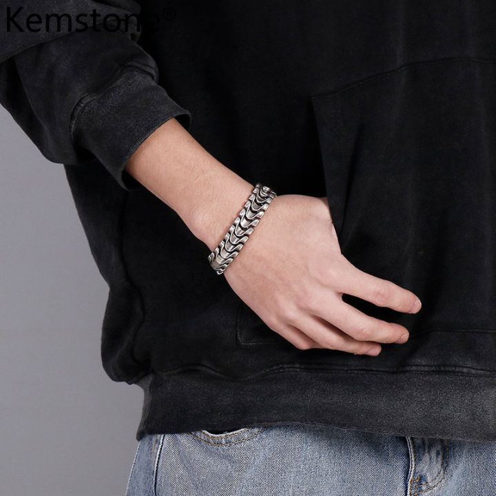 kemstone-สร้อยข้อมือสแตนเลสสตีลชุบทองเงินวินเทจสำหรับผู้ชาย