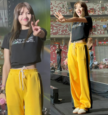 Lisa ตะขอซ่อนลายทางด้านข้างสีเหลืองสไตล์คอนเสิร์ตเดียวกัน,กางเกงลำลองตรงแบบหลวมเอวสูงกางเกงกีฬาสำหรับแฟชั่นสำหรับผู้หญิงคุณภาพสูงทันสมัย
