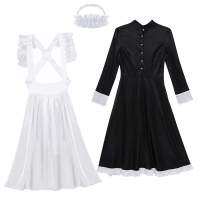 Women Maid Cosplay Sexy Costume Long Sleeves Front Button Down Long Maxi Fancy Dress with Apron and Headpiece Maid Sexy Costume