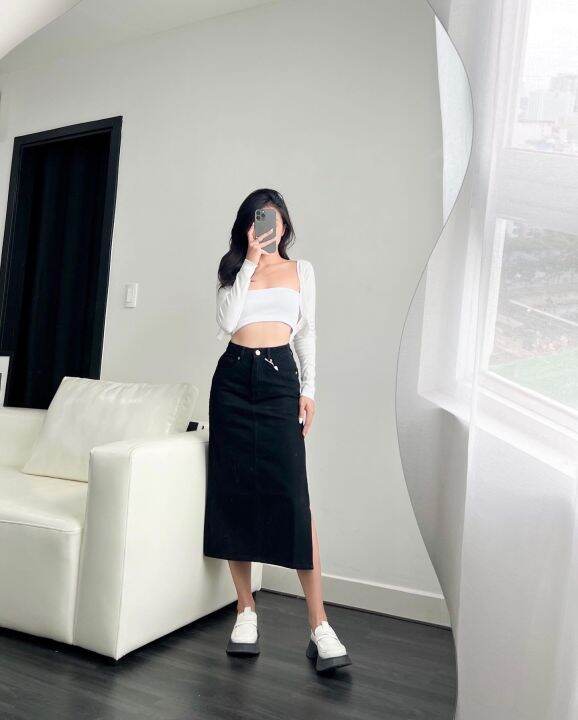 Chân váy jean nữ dài qua gối xẻ tà REVERCLOTHINGS Domi Jean Skirt ...