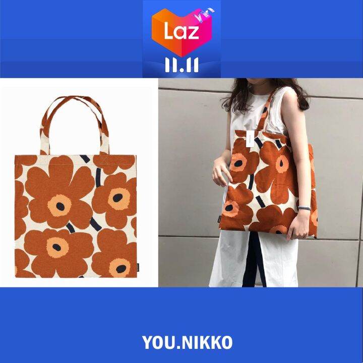 ใหม่ล่าสุด-รุ่นผ้าหนา-กระเป๋า-marimekko-ของแท้100-tote-bag-ดอกสีน้ำตาล-chestnut-you-nikko-กระเป๋าแฟชั่น-ถุงผ้า-กระเป๋าผ้า-กระเป๋าเกาหลี